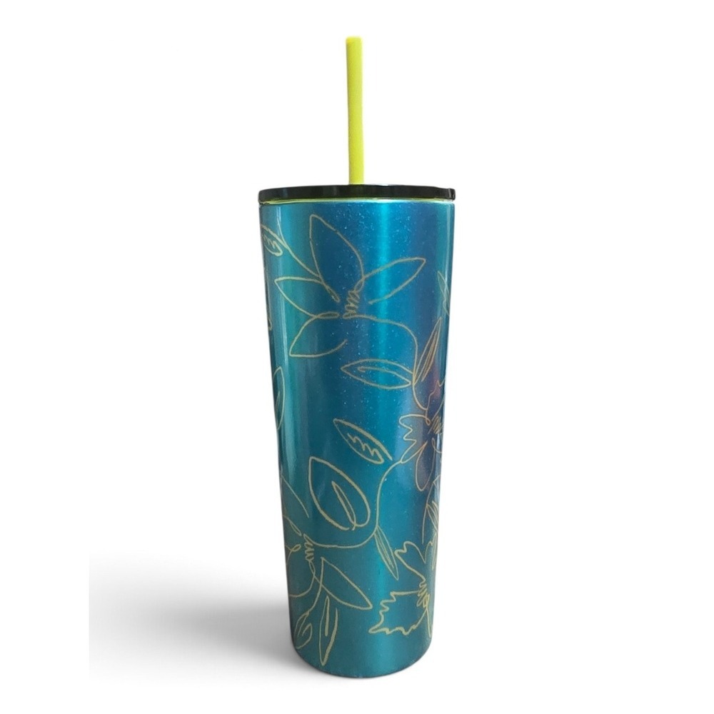 Starbucks 2022 Teal Floral Stainless Steel Tumbler 24 oz Lid Straw